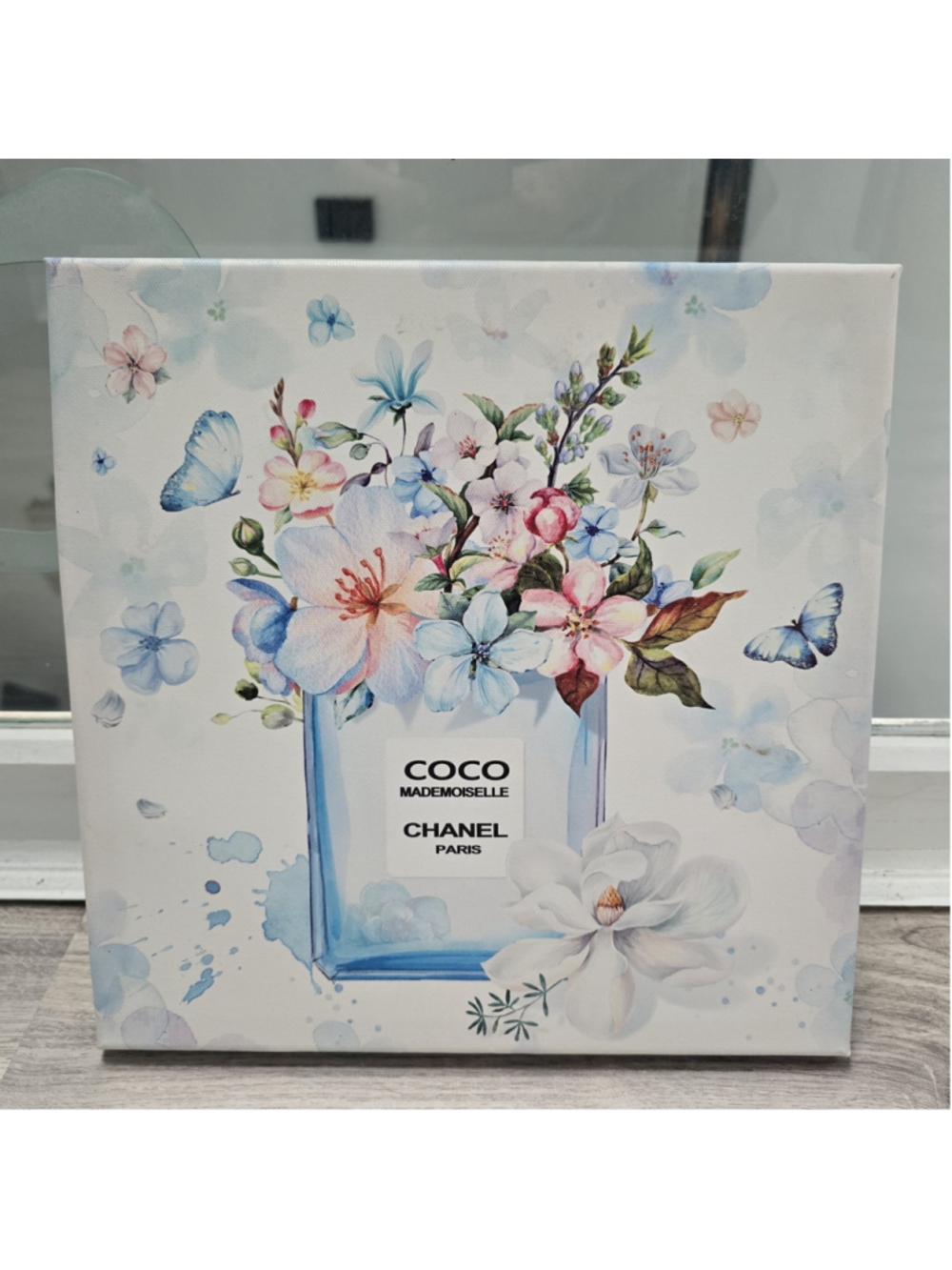 Chanel Perfume Bottle & Flowers Canvas Wall Decor Coco Madamoiselle 12"x12"